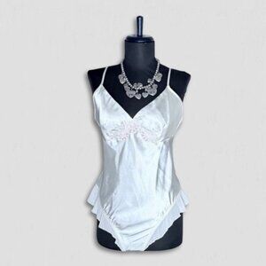 Secret Treasures Bodysuit Embroidered Ruffle Satin White Size Medium